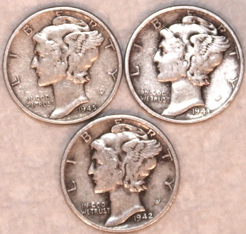 (3) Mercury Dimes - 1942D 1943P 1945P - Very Fine - #2289ED - FREE SHIPPING