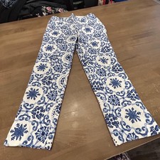 Talbots Pants Womens 8 White Blue Tile Print Ankle Stretch Heritage Cotton