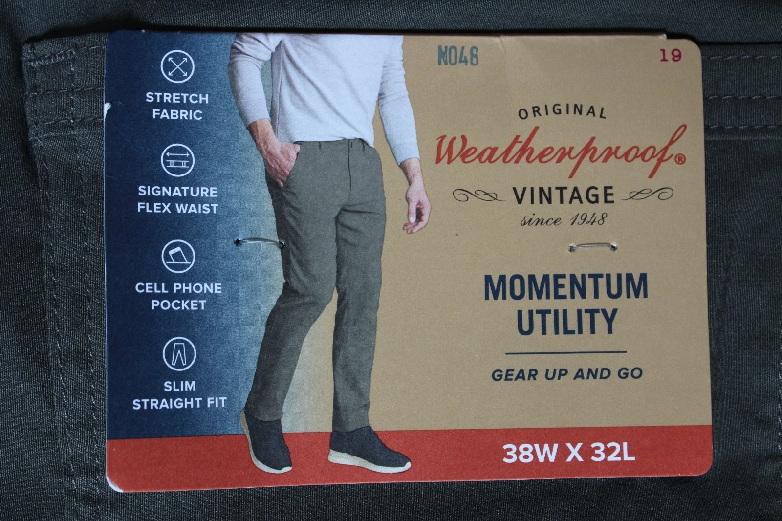 Weatherproof Vintage • Men's Utility Pant Stretch Slim Cell Pocket Olive 38X32 ✅