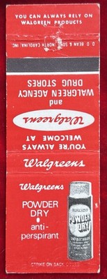 Walgreens Powder Dry Anti-Perspirant Vintage Matchbook Cover B-6419