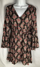 She + Sky Women’s Size S Black Mandala Boho Faux Wrap Boho Dress Bell Sleeve