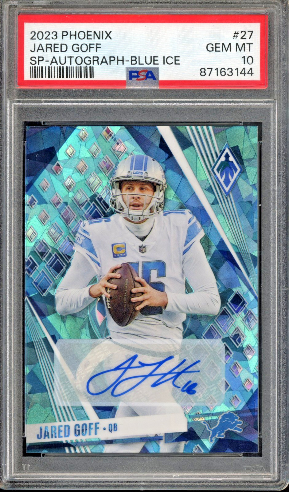 2023 Panini Phoenix JARED GOFF #27 Blue Ice SP Auto /25 Detroit Lions PSA 10