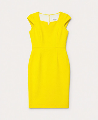 Calvin Klein Yellow Solid Sheath Dress Size 4 Sleeveless Square Neck Zip Knee