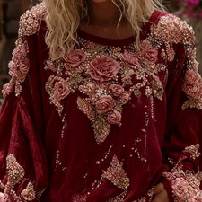 Women's Vintage Rose Print And Floral Applique Embroidery Casual Crew Neck Shirt