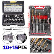 15PC Screw Extractor 3/8"DR +10PC Drill Bit Set Broken Bolt Studs Removal Tool