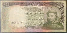 1964 PORTUGAL PAPER MONEY - 20 ESCUDOS OURO BANKNOTE!