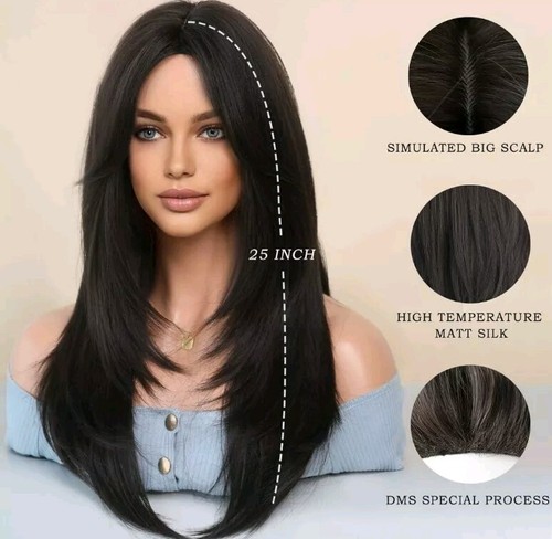 Wig - Human Hair Blend - Heat Resistant Dark Brown Wavy Curly Layers bangs - Picture 2 of 4