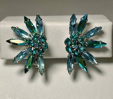 Vintage Signed Sherman Green & Teal with green AB earrings Rare Mint