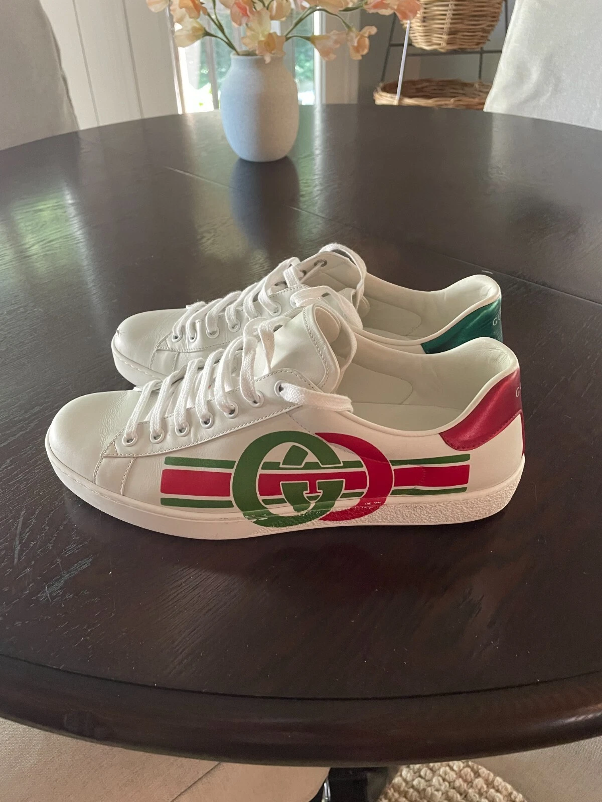 Baskets Gucci Ace imbriquées G hommes 8 chaussures en cuir blanc hauts bas 576136