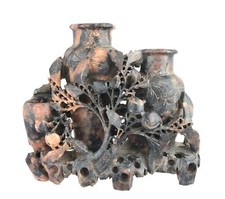 Chinese Soapstone Carving Double Brush Pot Vase Foliage Berries Asian Art