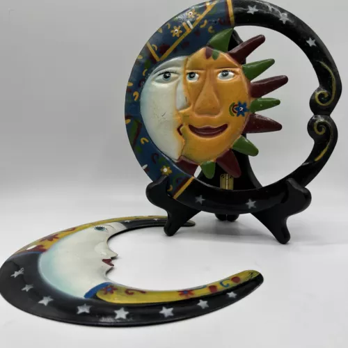 Set 2 Vintage 90s Celestial Sun & Moon Eclipse Metal Tin Wall Hangings Hippie