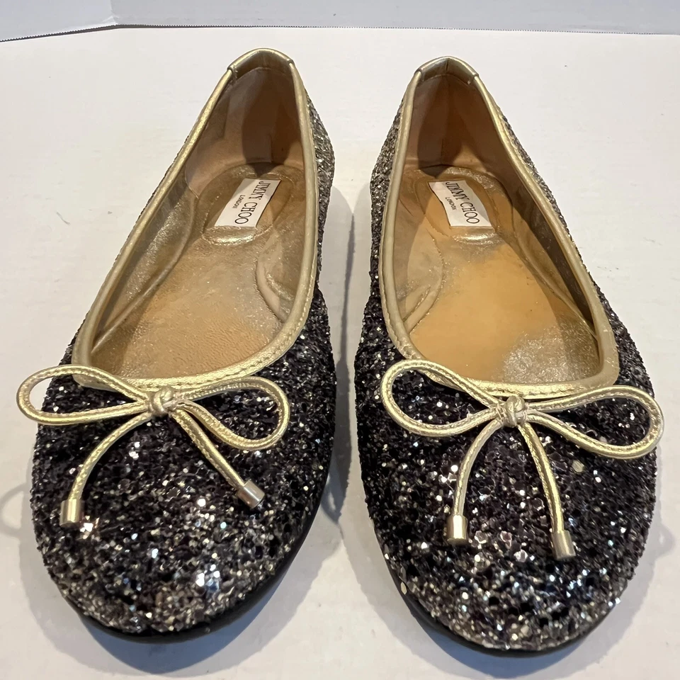 Jimmy Choo Women 37.5 US Size 7 Ombre Gold Metallic Sparkle Ballet Flat Clean - Image 4 of 4