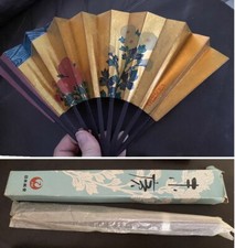 3 Vintage JAL Japan Airlines Folding Hand Fans Bamboo  Thick Paper Floral  Box