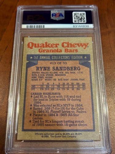 RYNE SANDBERG CHICAGO CUBS 1986 QUAKER 1990 NL HR CHAMP PSA 10 AUTO SIGNED COA - Picture 4 of 4