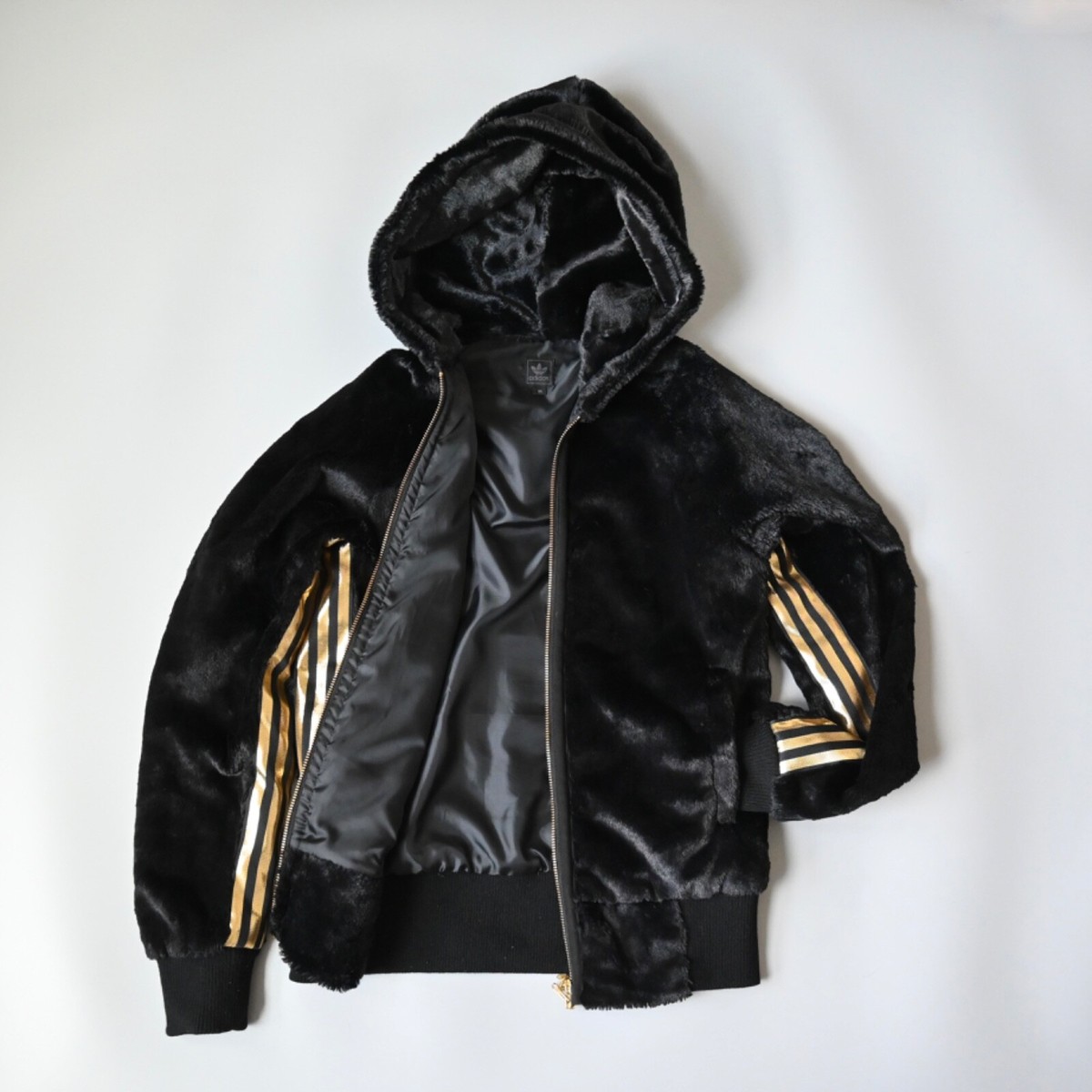 2010s Adidas faux fur hooded jacket, gold three striped, XS 2010s Adidas faux fur hooded jacket, gold three striped, XS