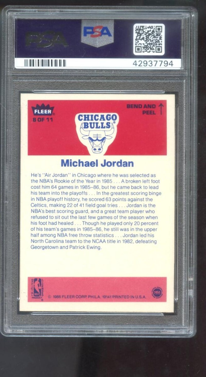@NBA シカゴブルズ スケジュールカード (86/87) 1986-87 Fleer Sticker #8 Michael Jordan ROOKIE PSA 8 Graded