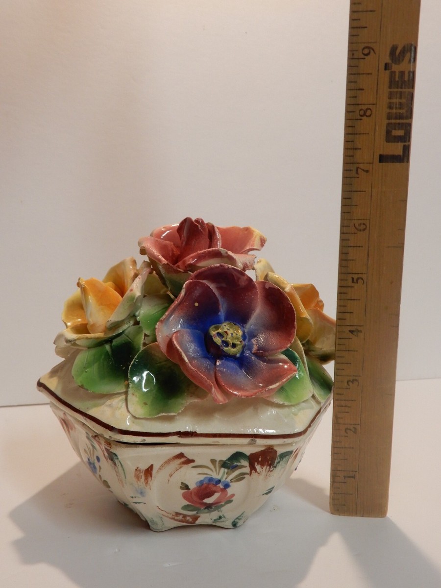 ヴィンテージ Capodimonte イタリア製 立体ローズ フラワーボウル Vintage Capodimonte Rose Flower Covered Bowl Dish Tiber Italy
