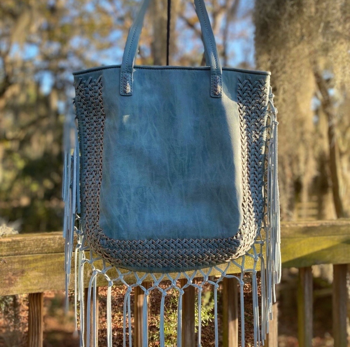 Steve Madden Light Blue Braided Fringe Suede Boho Shoulder Bag