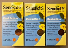 Qty-3 Senokot-S Dual Action Natural Vegetable Laxative 60 Tablets Each