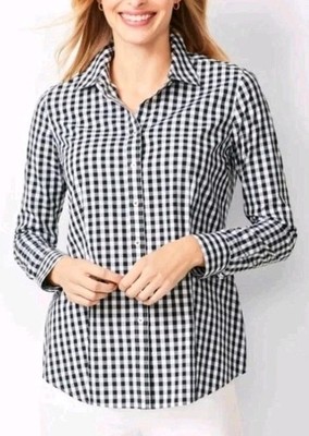 Talbots Perfect Shirt Gingham Plaid 22 Petite Black White Stretch No Iron Preppy