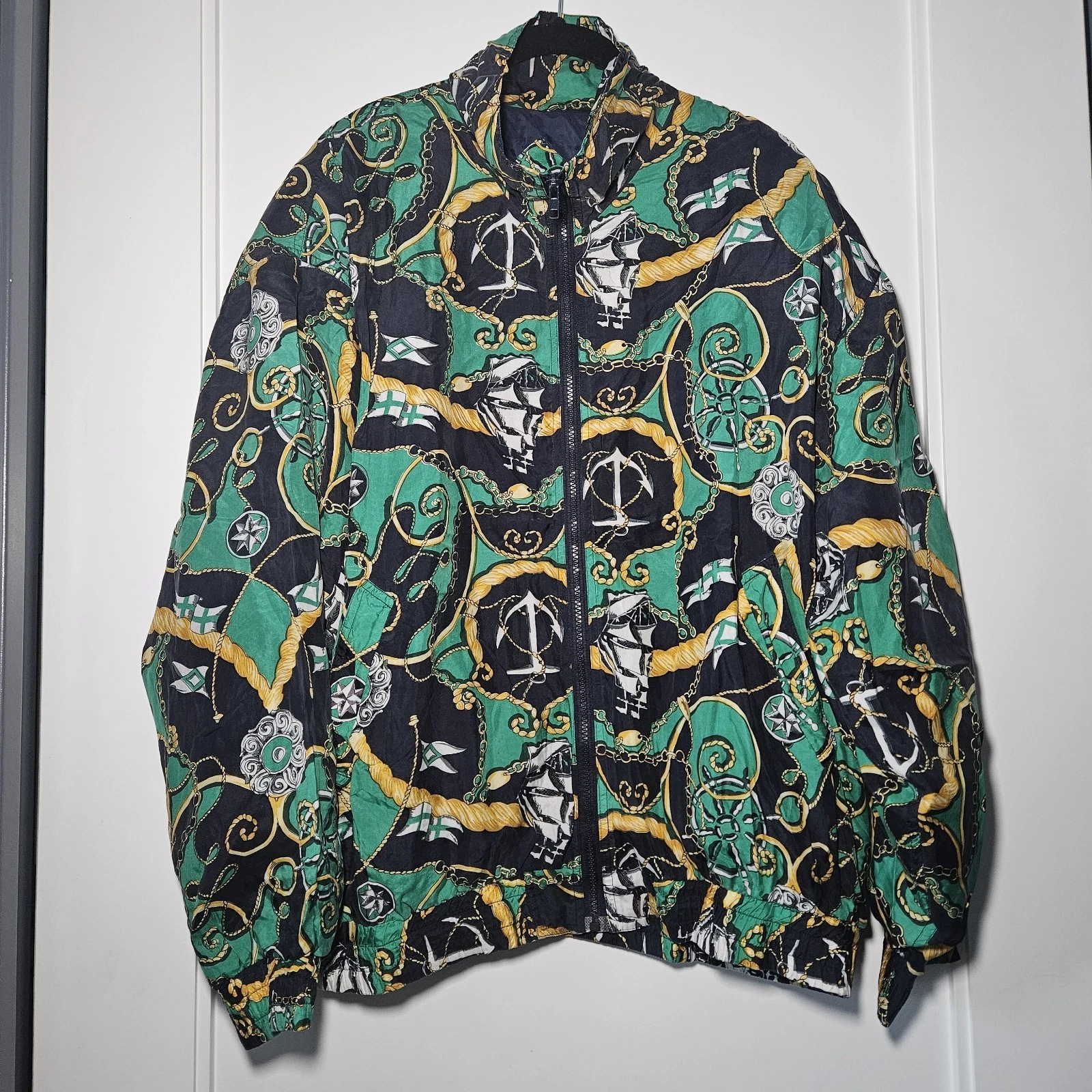 Vintage Bogari 100% Silk Bomber Nautical Print Windbreaker Jacket Unisex XL