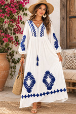 Women's Long Caftan Maxi Dress Vibrant Blue Floral/Geo Embroided Egypt Boho Sz 2