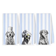 Funny Golden Retriever Hand Towels Bathroom Blue Striped 16x24 Inch 3 PCS