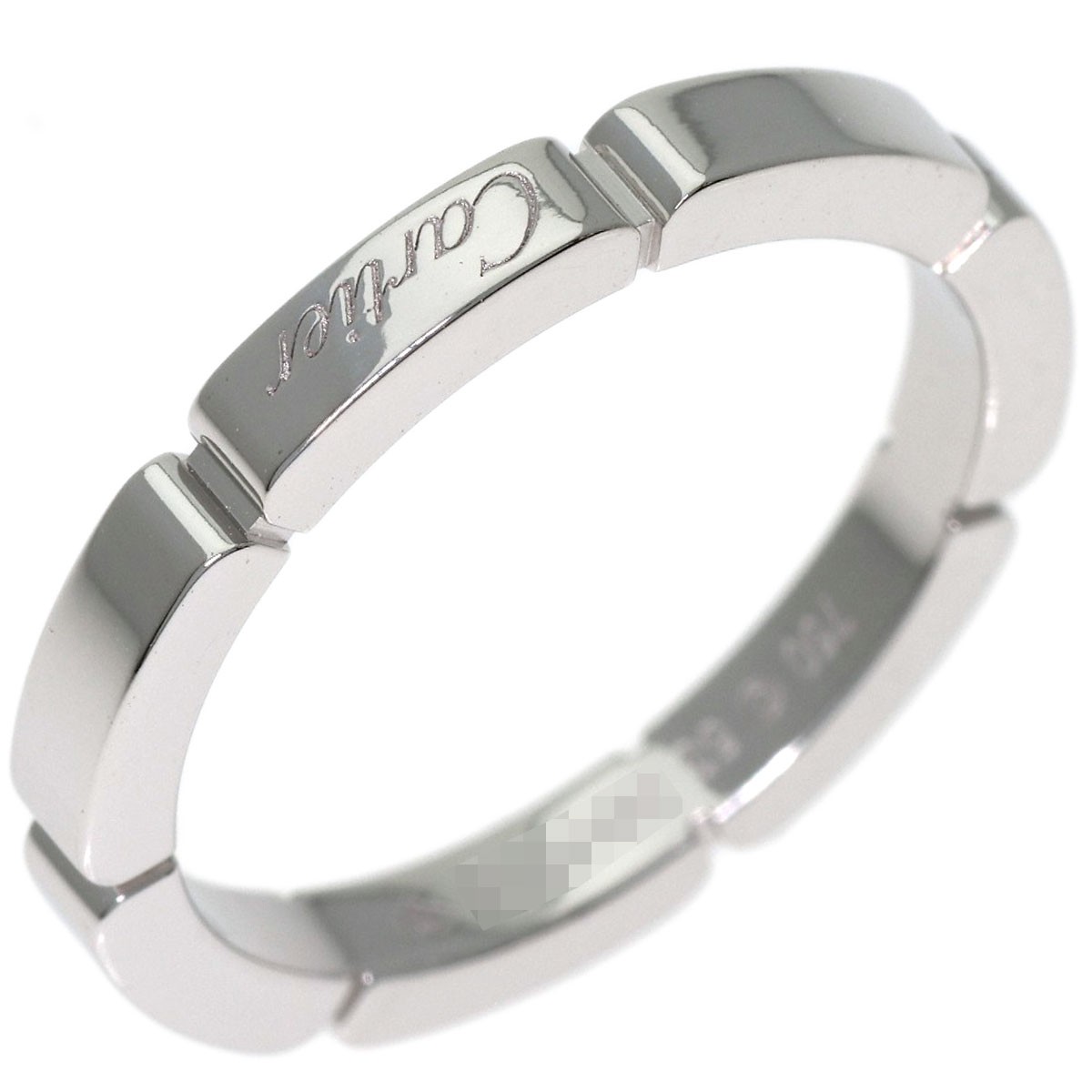 Silver ring with rectangular face, engraved with “Cartier” and “Mayon PANTHERE #53” in white gold text.