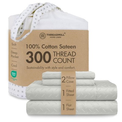 Threadmill 300TC Cotton Queen Sheet Set, Sateen, Jacquard, Light Grey | 100% ...