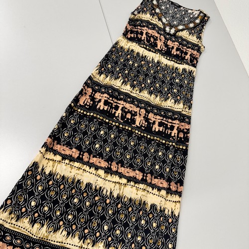 Elementz Maxi Dress Womens PS Black Tan Tribal Beaded V-Neck Sleeveless EUC