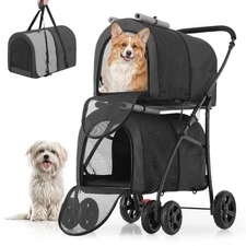 Double Dog Stroller with Detachable Carrier Bags 4-Wheel Foldable Jogger for Sma