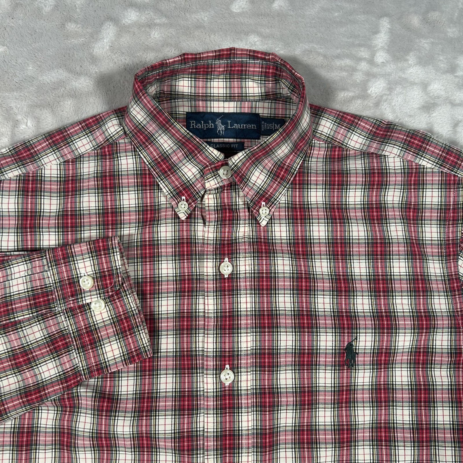 Ralph Lauren Yarmouth Shirt Mens 15 M Red White Plaid Long Sleeve Classic Fit