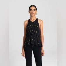 ALC Women SILK Duran Fil Coupe Blouse 4 Black Gold Tiered Tank Top Peplum