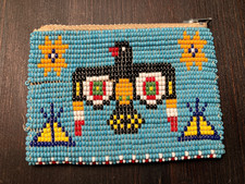 Vintage Native American Seed Bead Coin Purse Leather Lined Thunderbird 4x3"