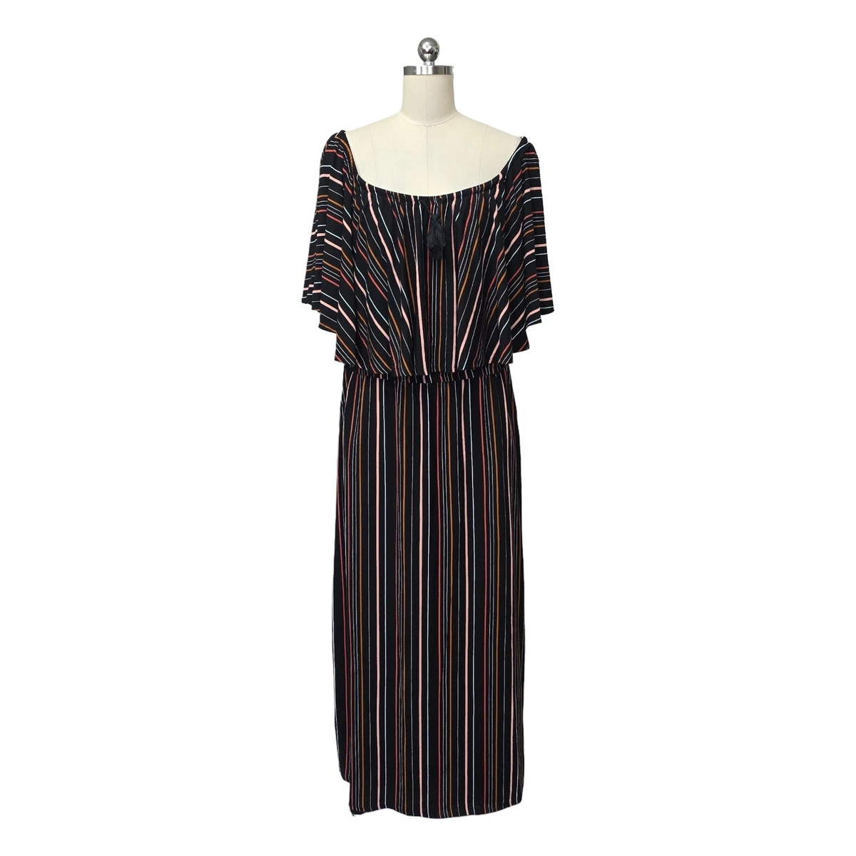 pinstripe linen sleeveless dress MO&Co. Noir Striped Linen Maxi Tank Dress - Distressed Collar
