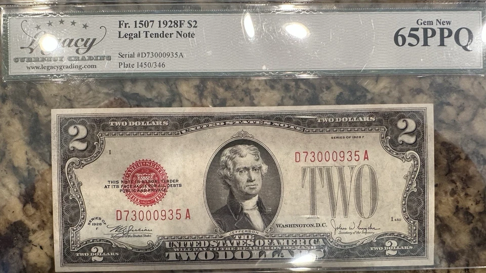 5 Consecutive 1928F $2 US Legal Tender Red Seal Note Fr# 1507 65PPQ Gem New+62 - Image 3 of 4