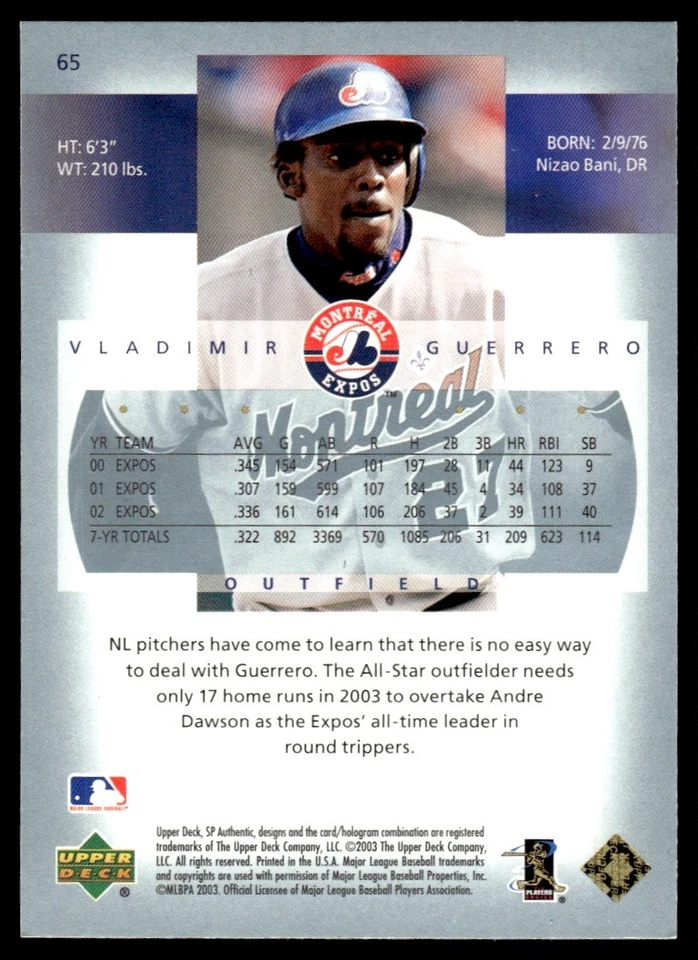 2003 SP Authentic Vladimir Guerrero Montreal Expos #65 - Image 2 of 2