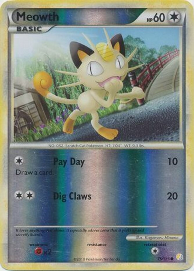 Meowth - 75/123 - Common - Reverse Holo LP, English Pokemon HeartGold SoulSilver
