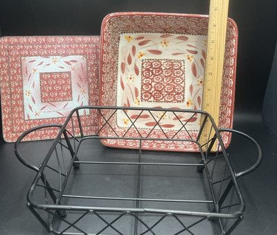3pc TEMP-TATIONS Old World Cranberry 8''  Baking Dish Trivet  Wire Rack Holder