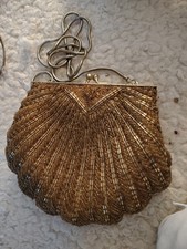 Vintage Magid Beaded Clam Shell Evening Purse Gold Bronze Convertible...
