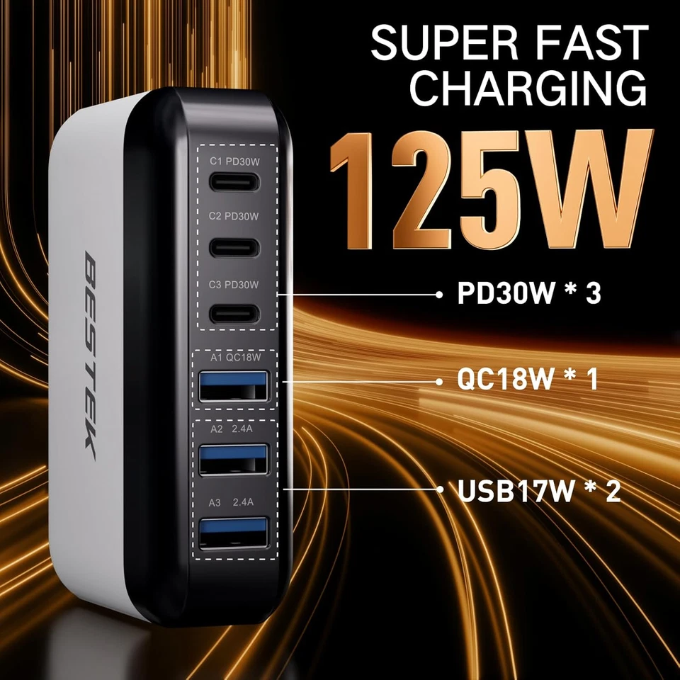 Cargador de Coche USB Multi Puertos BESTEK, Carga Rápida 125W 14A Carga Rápida 3.0 y USB- Foto 2 de 4
