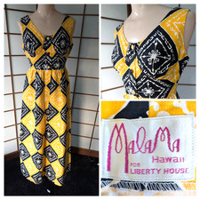 Vtg 70s Malama Hawaii Liberty House Maxi Dress MuuMuu Ylw Blk Tribal Print XS