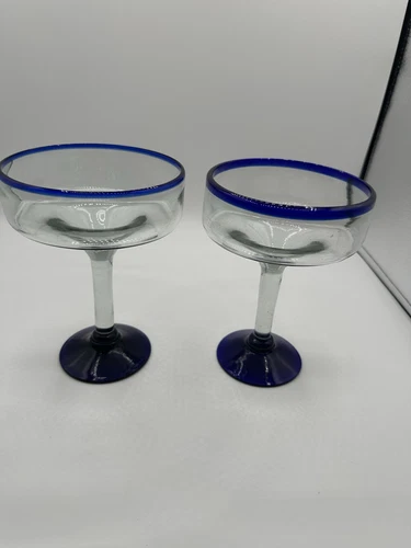 Mexican Hand Blown Margarita Glasses Cobalt Blue Rim Set Of Two