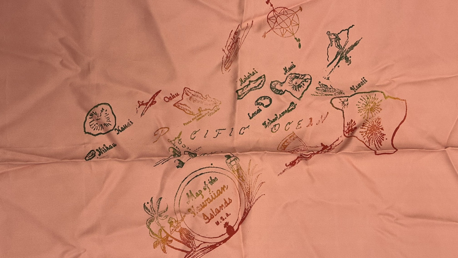 Vintage Pink Coral Tablecloth Napkin Set ALOHA Hawaii Hula Girl Islands