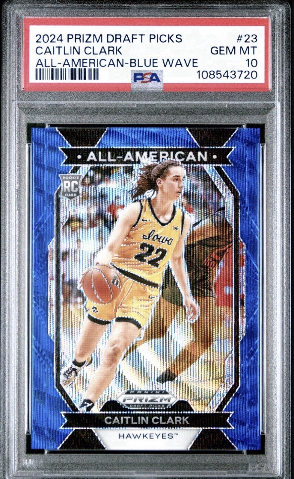 2024 Panini Prizm Draft Picks Caitlin Clark All American Blue Wave /249 PSA 10