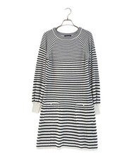 CHANEL Coco Button Border Knit Dress Black White Long Sleeve Italy SR1992
