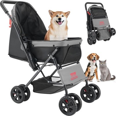 3-Wheels Pet Stroller Foldable Dog Stroller Cart Cat Carrier w/Cup Holder&Basket