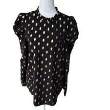 SHEIN Black Blouse with Gold Dots Women Size Large 8 10 Puff Long Sleeve Ruffle