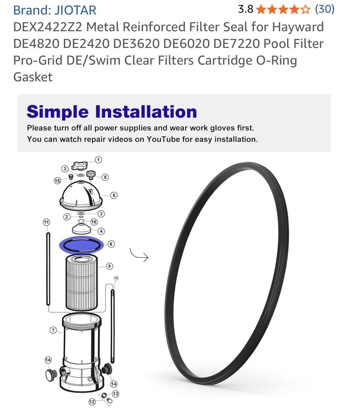 DEX2422Z2 Metal Reinforced Filter Seal For Hayward. Pool Filter Pro-Grid DE
