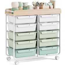 Rolling Storage Cart with 10 Large Drawers, Utility Cart with Wooden TableTop...